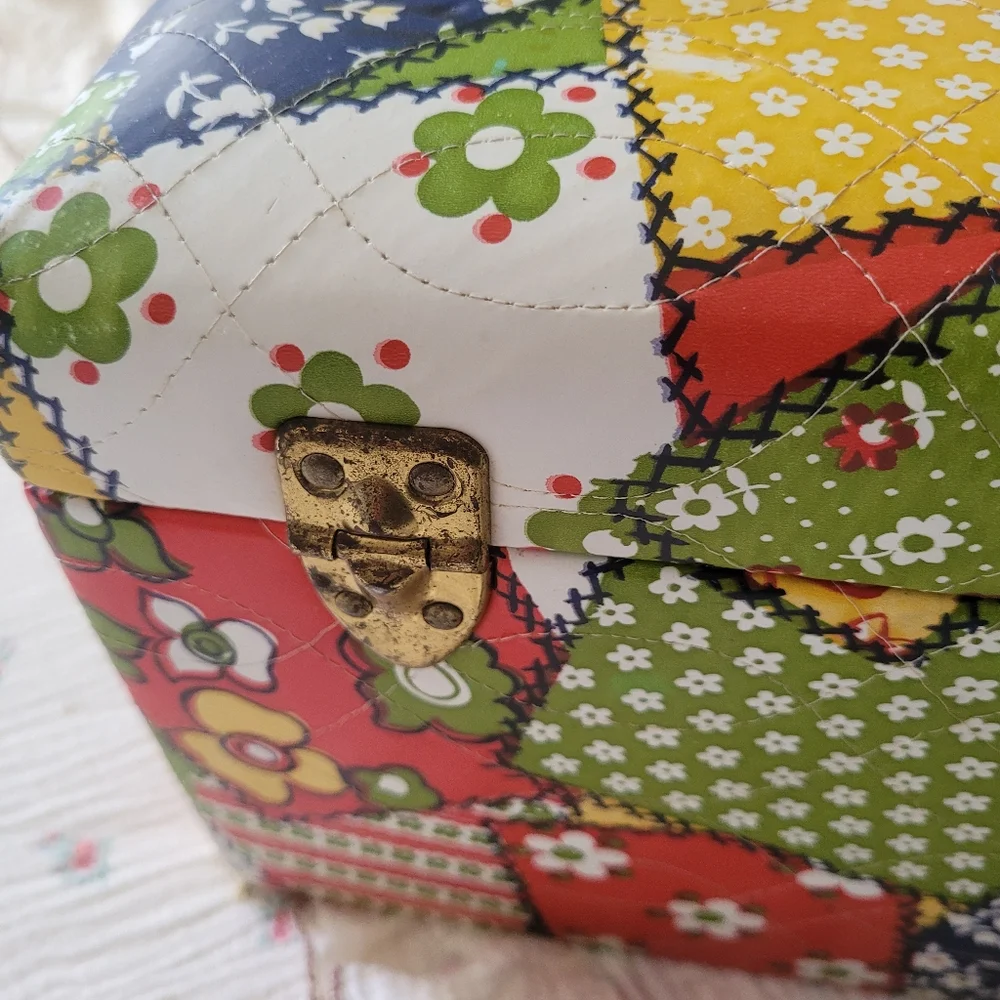 Vintage 1970's Patchwork Floral Sewing Train Case Storage Faux Quilted